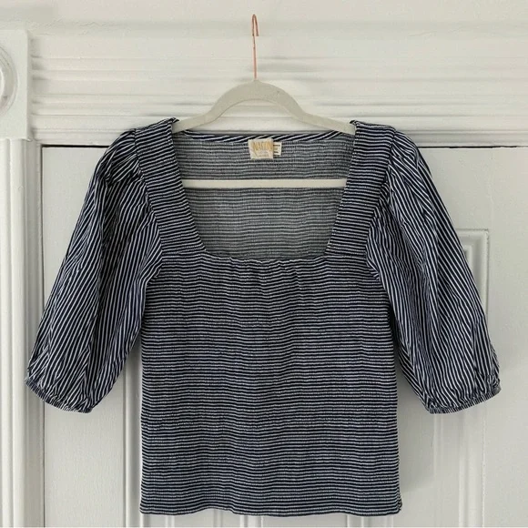 Nation LTD Navy Blue Smocked Puff Sleeve Blouse - Picture 2 of 6